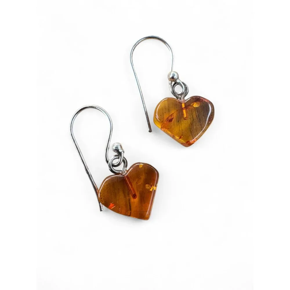 Heart Baltic Amber Solid 925 Sterling Silver Earrings